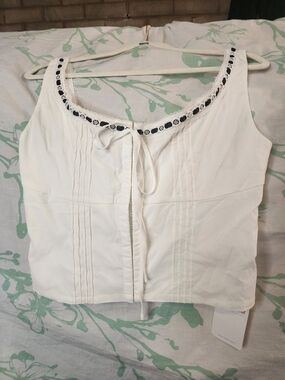 White Embroidered-Trim Corset Tank Top Tie-Front
